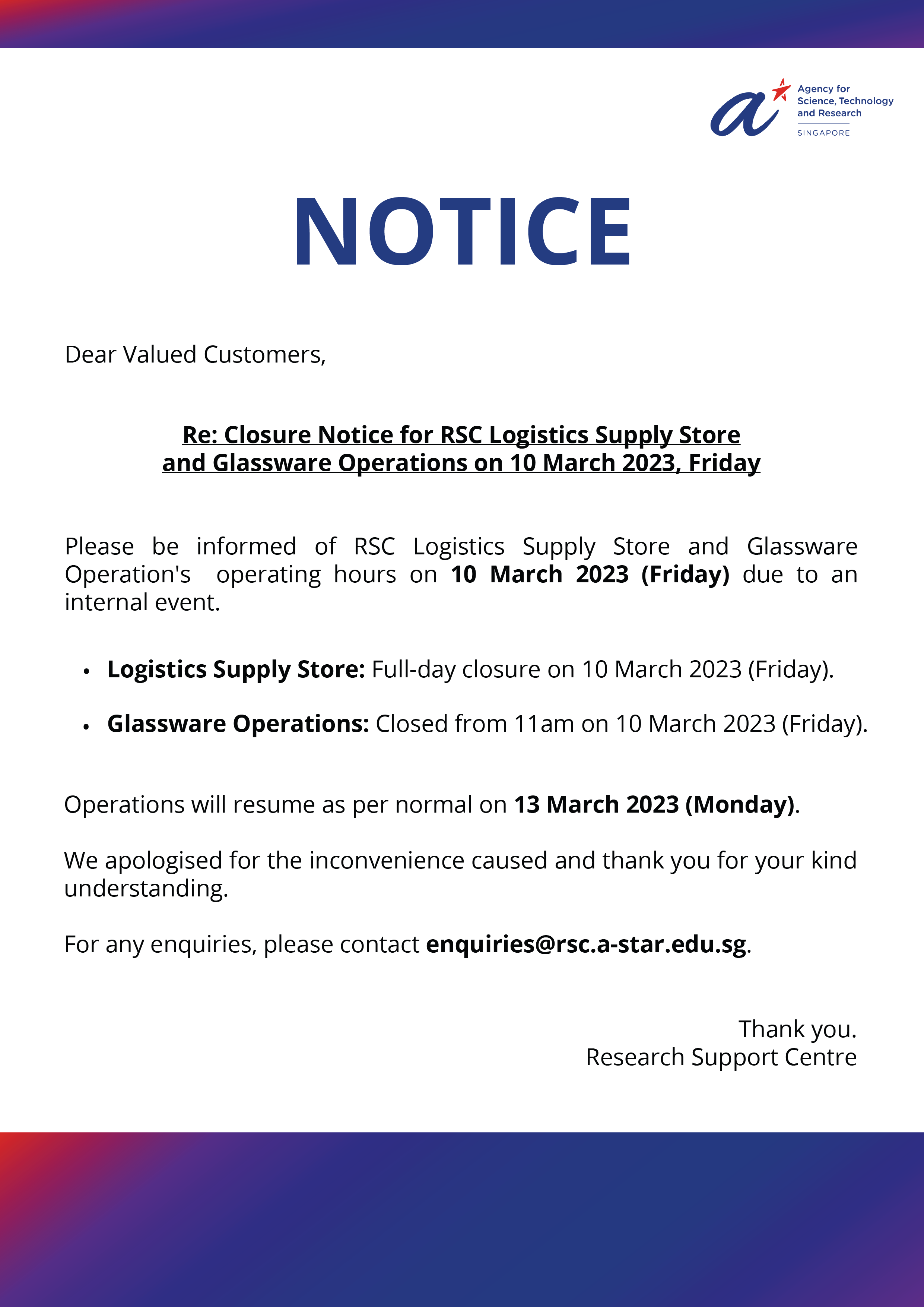 [RSC Announcement] Closure for RSC Logistics Supply Store & Glassware