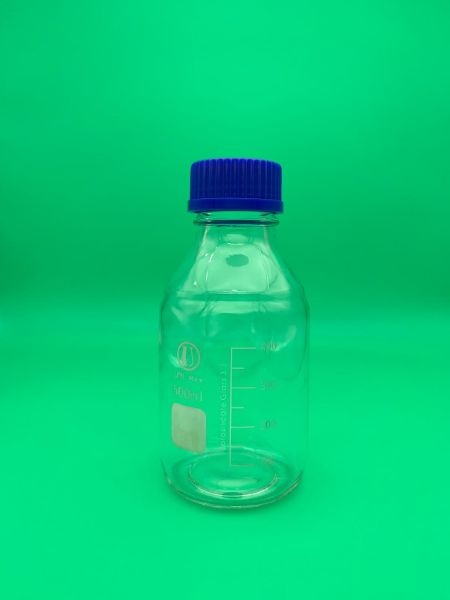 Picture of Bottle, Media, Clear Glass, 500mL, GL45, Blue PP Screw Cap/Pouring Ring, Graduated, Borosilicate Glass