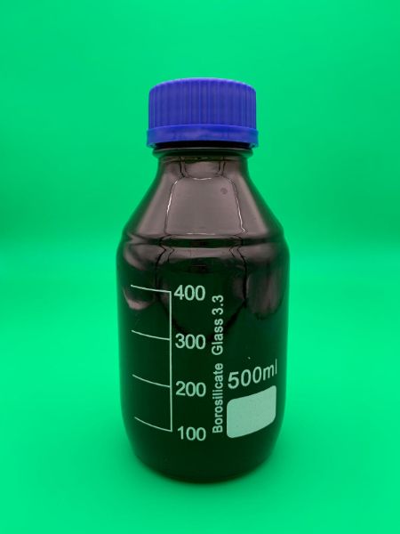 Picture of Bottle, Media, Amber Glass, 250mL, GL45, Blue PP Screw Cap/Pouring Ring, Graduated, Borosilicate Glass
