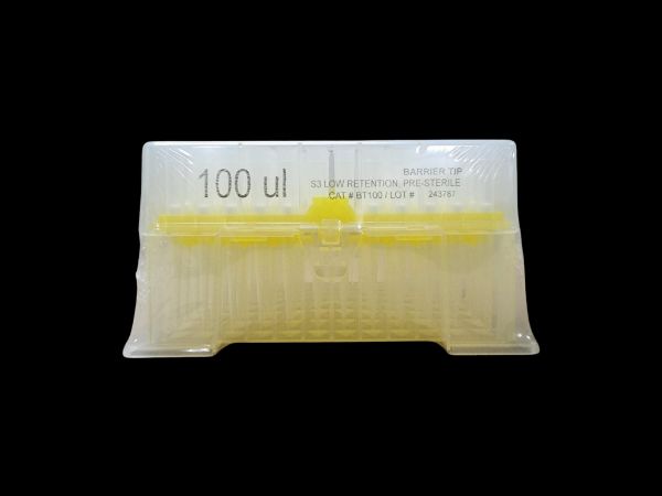 Picture of (100ul) - Universal Fit, Filtered tips, Sterile, Standard shank, Low retention, colourless, hinged rack packing