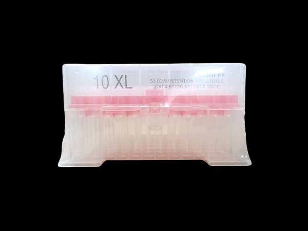 Picture of (10ul) - Universal Fit, Filtered tips, Sterile, Long shank, Low retention, colourless, hinged rack packing