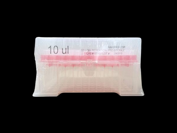 Picture of (10ul) - Universal Fit, Filtered tips, Sterile, Standard shank, Low retention, colourless, hinged rack packing