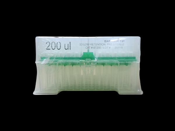 Picture of (200ul) - Universal Fit, Filtered tips, Sterile, Standard shank, Low retention, colourless, hinged rack packing