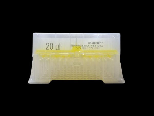 Picture of (20ul) - Universal Fit, Filtered tips, Sterile, Standard shank, Low retention, colourless, hinged rack packing