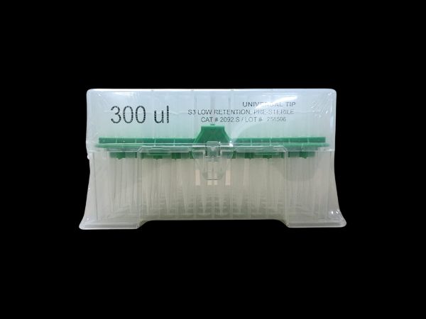 Picture of (300ul) - Universal Fit, non-Filtered tips, Sterile, Standard shank, Low retention, colourless, hinged rack packing