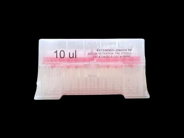 Picture of (10ul) - Universal Fit, non-Filtered tips, Sterile, Long shank, Low retention, colourless, hinged rack packing