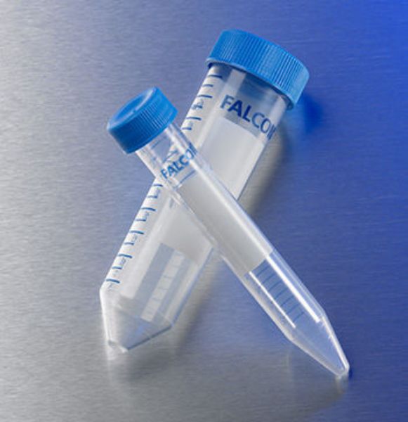 Picture of Falcon 15mL High Clarity PP Centrifuge Tube, Conical Bottom, with Dome Seal Screw Cap, Sterile, 50/Bag, 500/Case