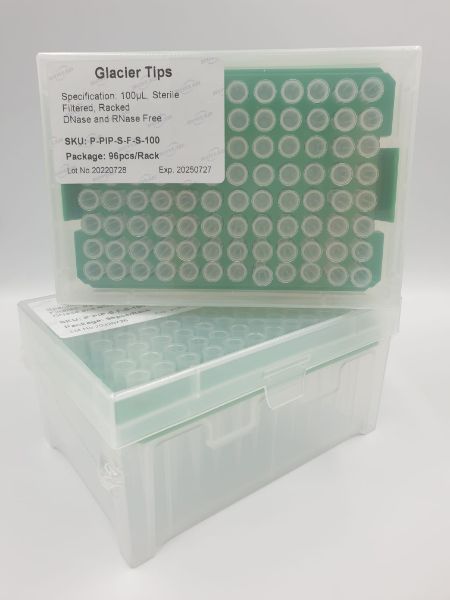 Picture of (100ul) - Universal Fit, Filtered tips, Sterile, Standard shank, non-Low retention, colourless, hinged rack packing