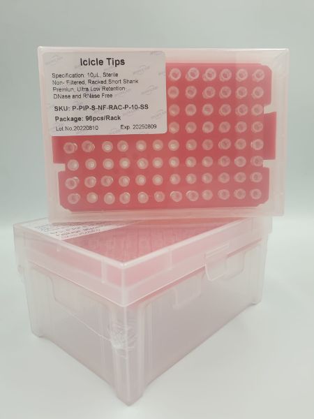Picture of (10ul) - Universal Fit, non-Filtered tips, Sterile, Standard shank, Low retention, colourless, hinged rack packing