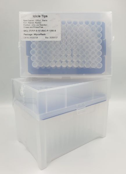 Picture of (1250ul) - Universal Fit, non-Filtered tips, Sterile, Standard shank, Low retention, colourless, hinged rack packing