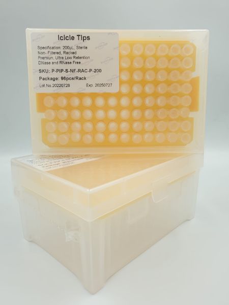 Picture of (200ul) - Universal Fit, non-Filtered tips, Sterile, Standard shank, Low retention, colourless, hinged rack packing