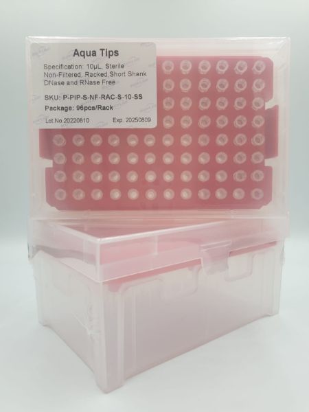 Picture of (10ul) - Universal Fit, non-Filtered tips, Sterile, Standard shank, non-Low retention, colourless, hinged rack packing