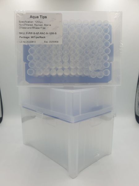Picture of (1000ul) - Universal Fit, non-Filtered tips, Sterile, Standard shank, non-Low retention, colourless, hinged rack packing
