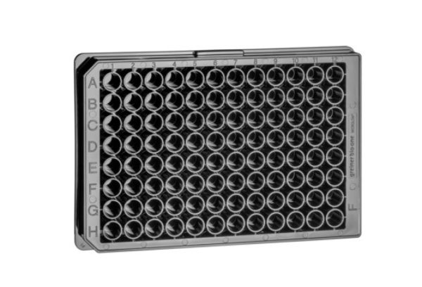 Picture of Greiner (340-392uL) Plate, 96-Well, TC-Treated, Polystyrene, F-Bottom, Sterile, Black 
