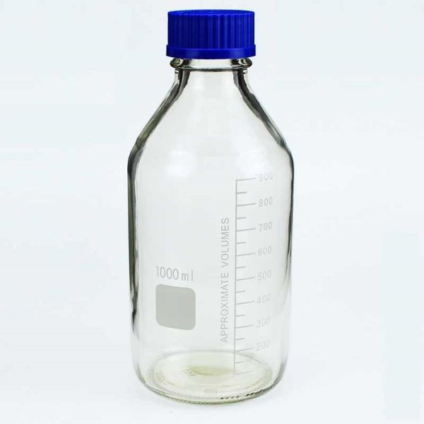 Picture of Bottle, Media, Clear Glass, 1L, GL45, Blue PP Screw Cap/Pouring Ring, Graduated, Borosilicate Glass, 10pcs/pack
