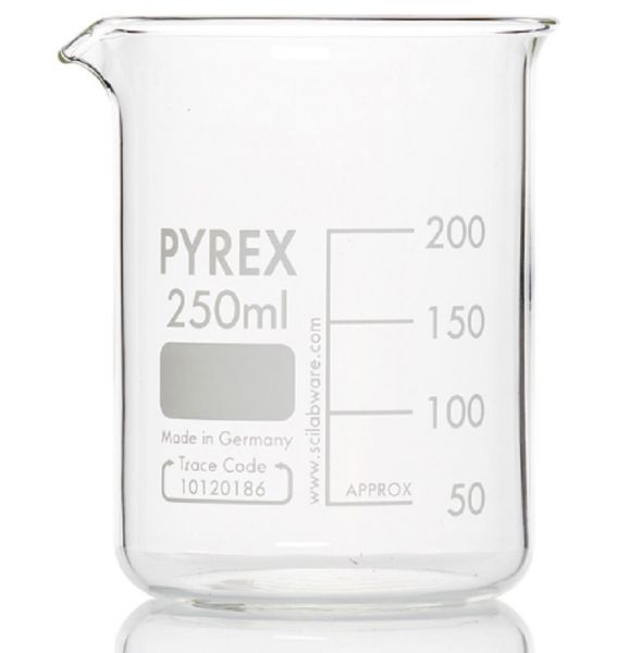 Picture of Beaker, low form, 250ml, grad, w/spout, Class A Borosilicate Glass 3.3, 70 x 95mm 