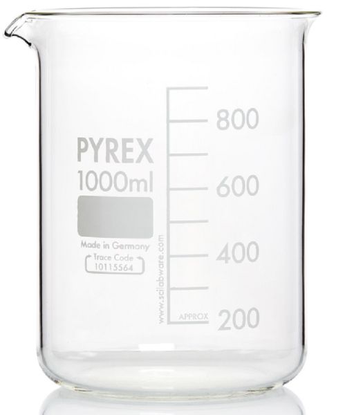 Picture of Beaker, low form, 1000ml, grad, w/spout, Class A Borosilicate Glass 3.3, 105 x 145mm