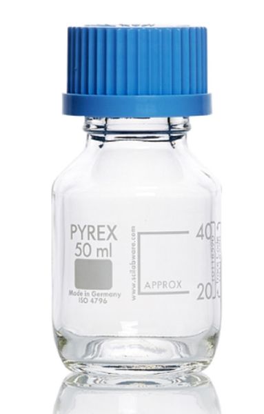 Picture of Media Lab Bottle, clear, 50ml, grad, GL32 blue screw cap & PP pouring ring, Class A Borosilicate Glass 3.3