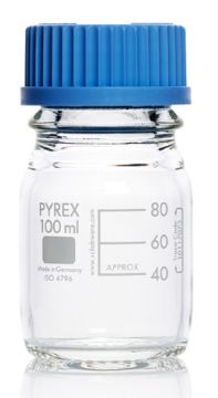 Picture of Media Lab Bottle, clear, 100ml, grad, GL45 blue screw cap & PP pouring ring, Class A Borosilicate Glass 3.3
