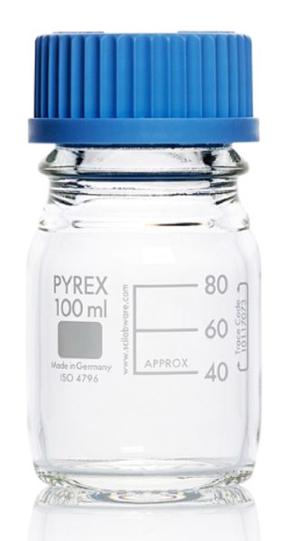 Picture of Media Lab Bottle, clear, 100ml, grad, GL45 blue screw cap & PP pouring ring, Class A Borosilicate Glass 3.3