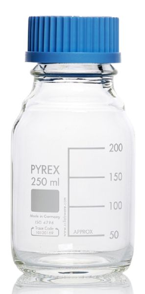 Picture of Media Lab Bottle, clear, 250ml, grad, GL45 blue screw cap & PP pouring ring 10 bottles/case, Class A Borosilicate Glass 3.3