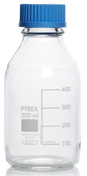 Picture of Media Lab Bottle, clear, 500ml, grad, GL45 blue screw cap & PP pouring ring, Class A Borosilicate Glass 3.3, Autoclavable