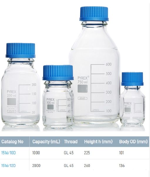 Picture of Media Lab Bottle, clear, 1L, grad, GL45 blue screw cap & PP pouring ring, Class A Borosilicate Glass 3.3, Autoclavable