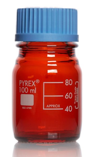 Picture of Media Bottle, WN, amber, grad, 100ml, blue screw cap & PP pouring ring, Class A Borosilicate Glass 3.3