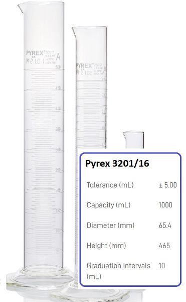 Picture of Measuring Cylinder, 1L x 1.0ml, class A borosilicate glass, hex base