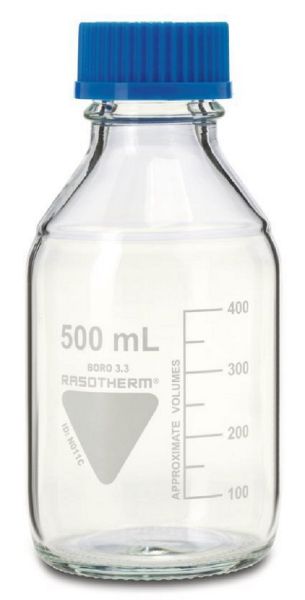 Picture of Laboratory Bottle, clear, grad, 500ml, GL45, blue screw cap & PP pouring ring 10 bottles/case (DWK-Rasotherm), Class A Borosilicate Glass 3.3, Autoclavable